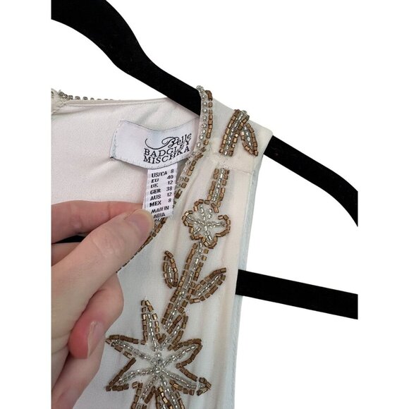 Badgley Mischka Beaded White & Gold High Neckline Swing Shift Style Dress Size 8 - Picture 3 of 12